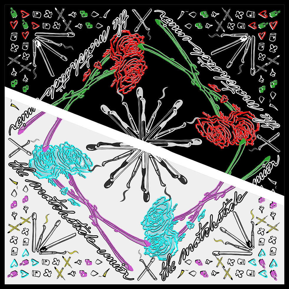 Thumbnail: matchstick union bandana viva hand drawn rose matches black white finland biker neck