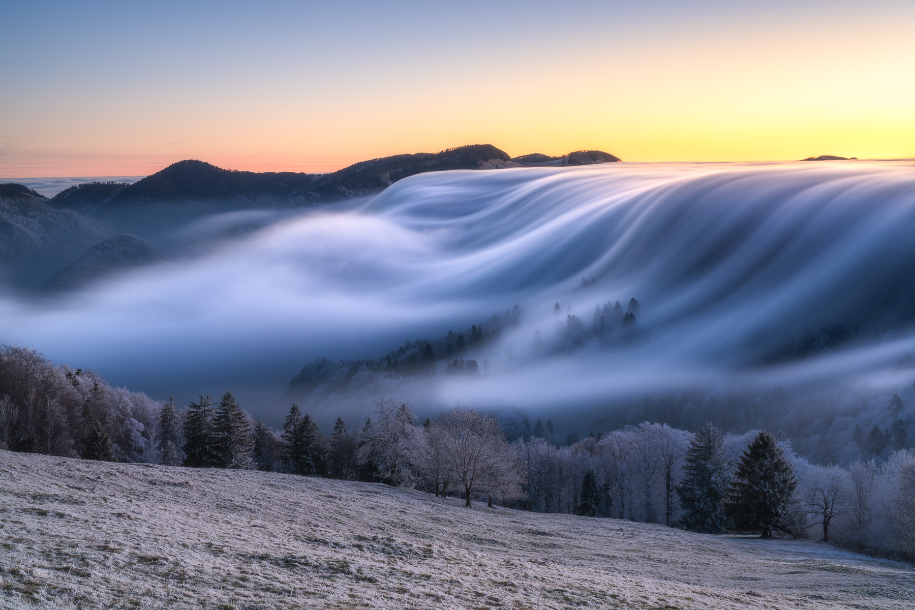 Nebelwelle bei Sonnenaufgang im Winter