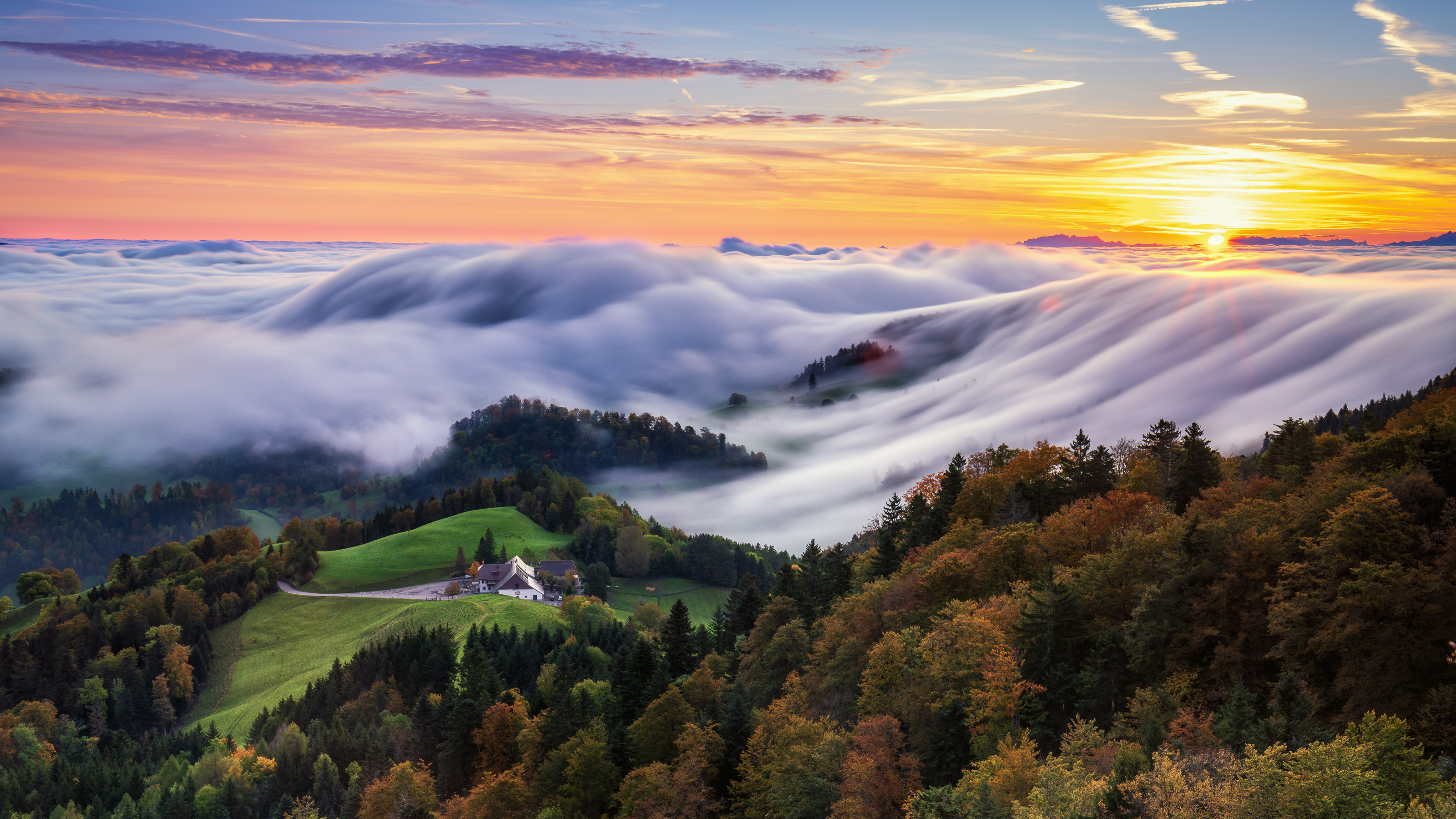 Nebelwelle auf der Bölchenflue im Herbst bei Sonnenaufgang. 