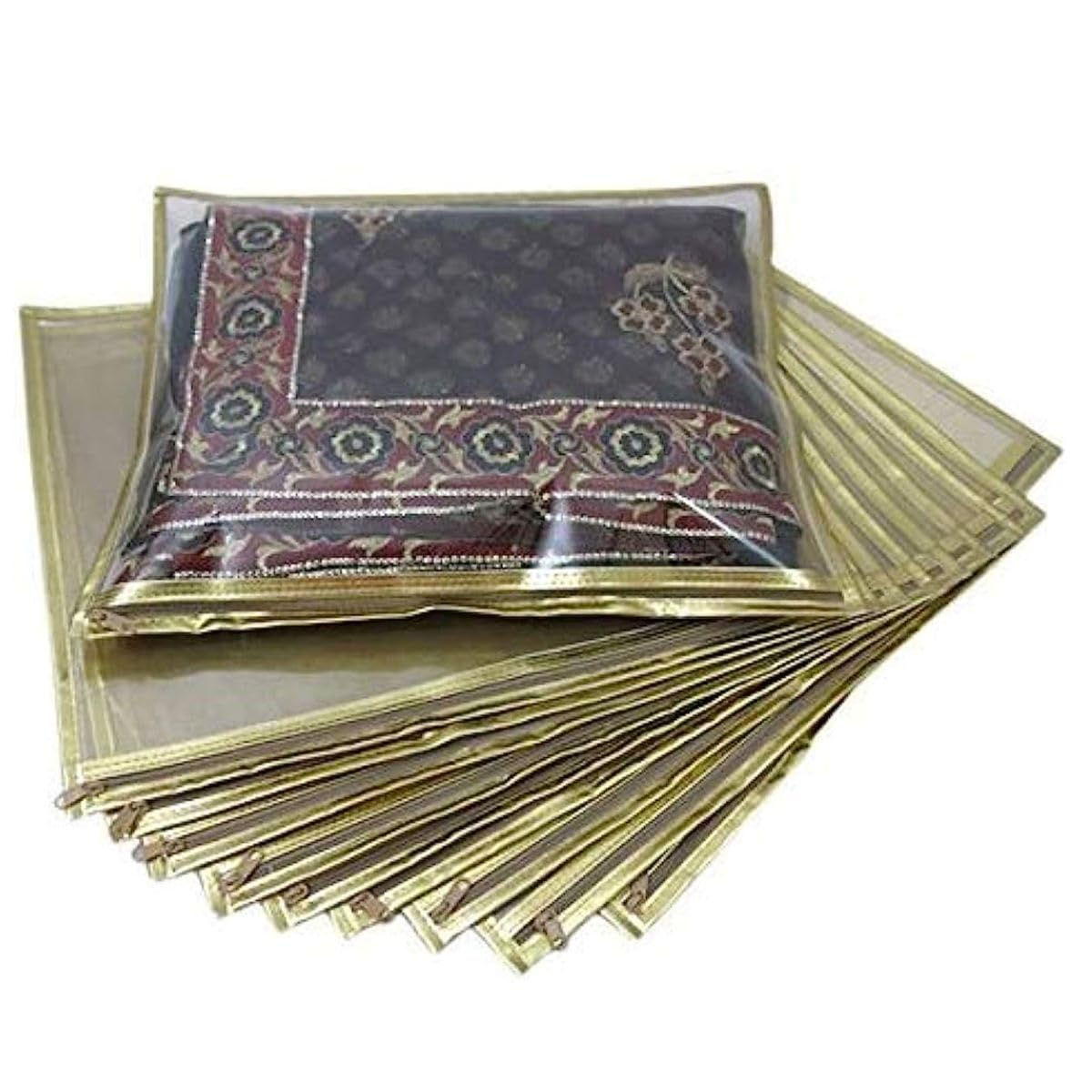 Non-Woven Single Saree Bags Golden Colour, Transparent Saree Covers With Zip