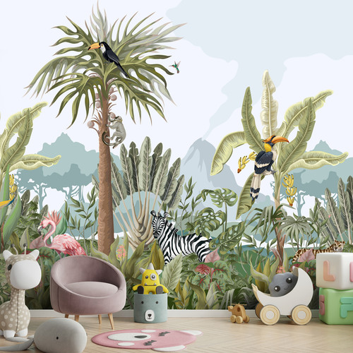 Tropical Jungle with Animals Wallpaper for Kids lifencolors