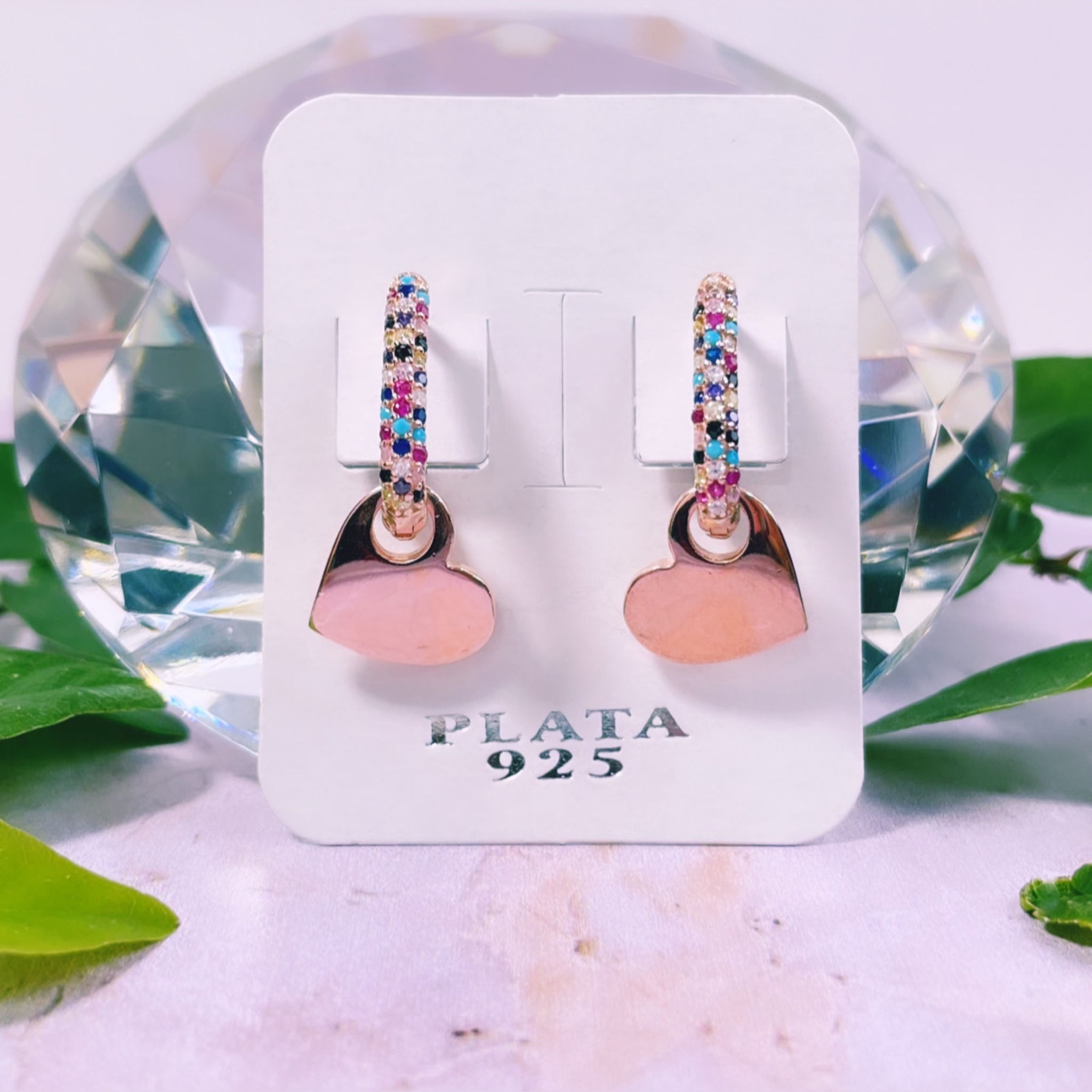 aros argolla rectangular cristales multicolor corazón colgante plata 925 baño oro rosado