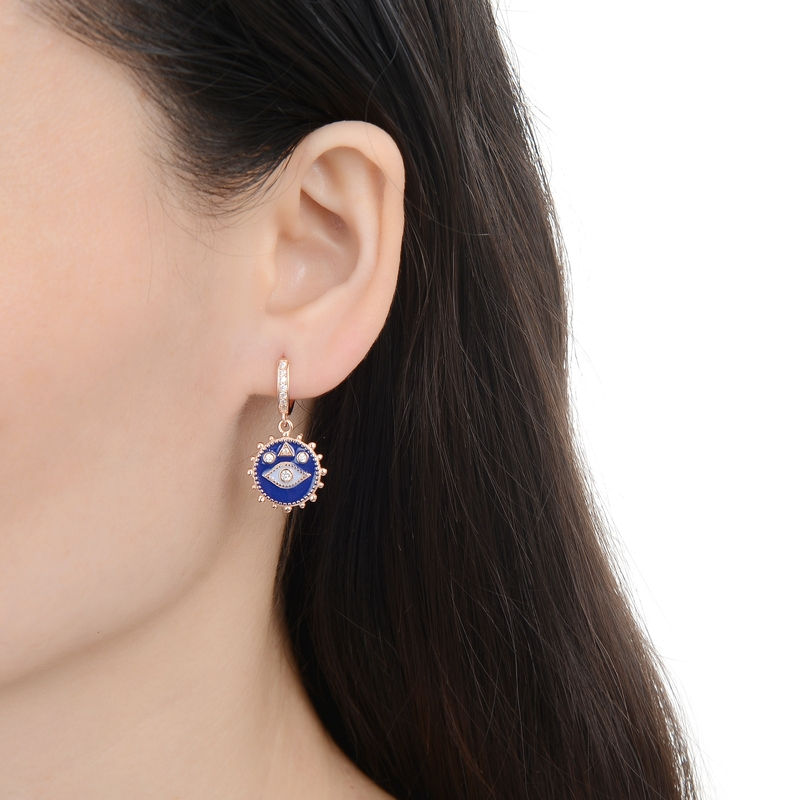 Miniatura: aros argollas ojo turco azul con cristales blancos plata 925 enchapado oro dorado
