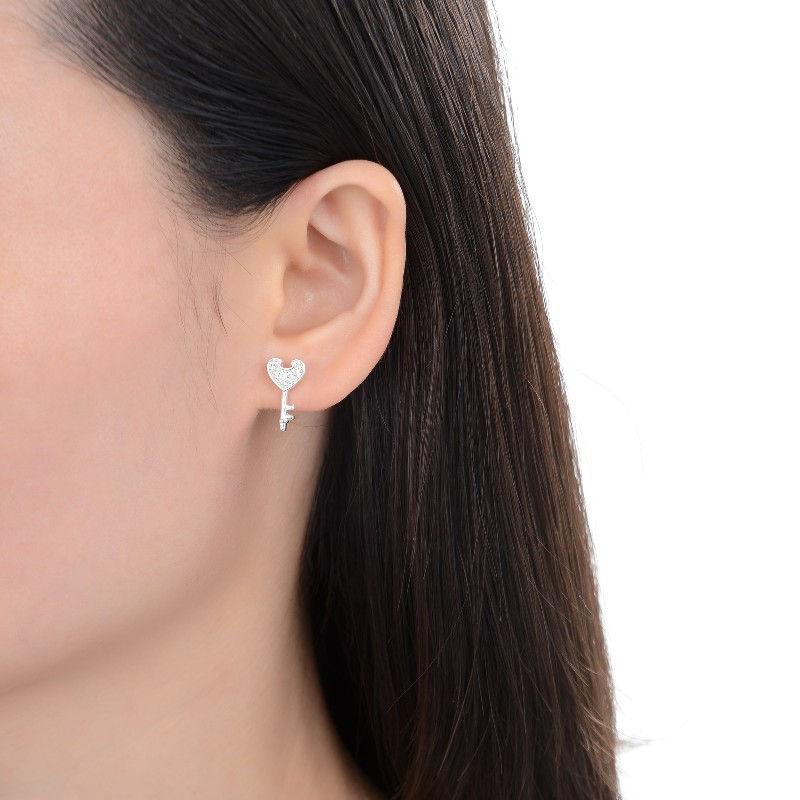 Miniatura: aros candado y llave forma de corazón cristales blancos plata 925