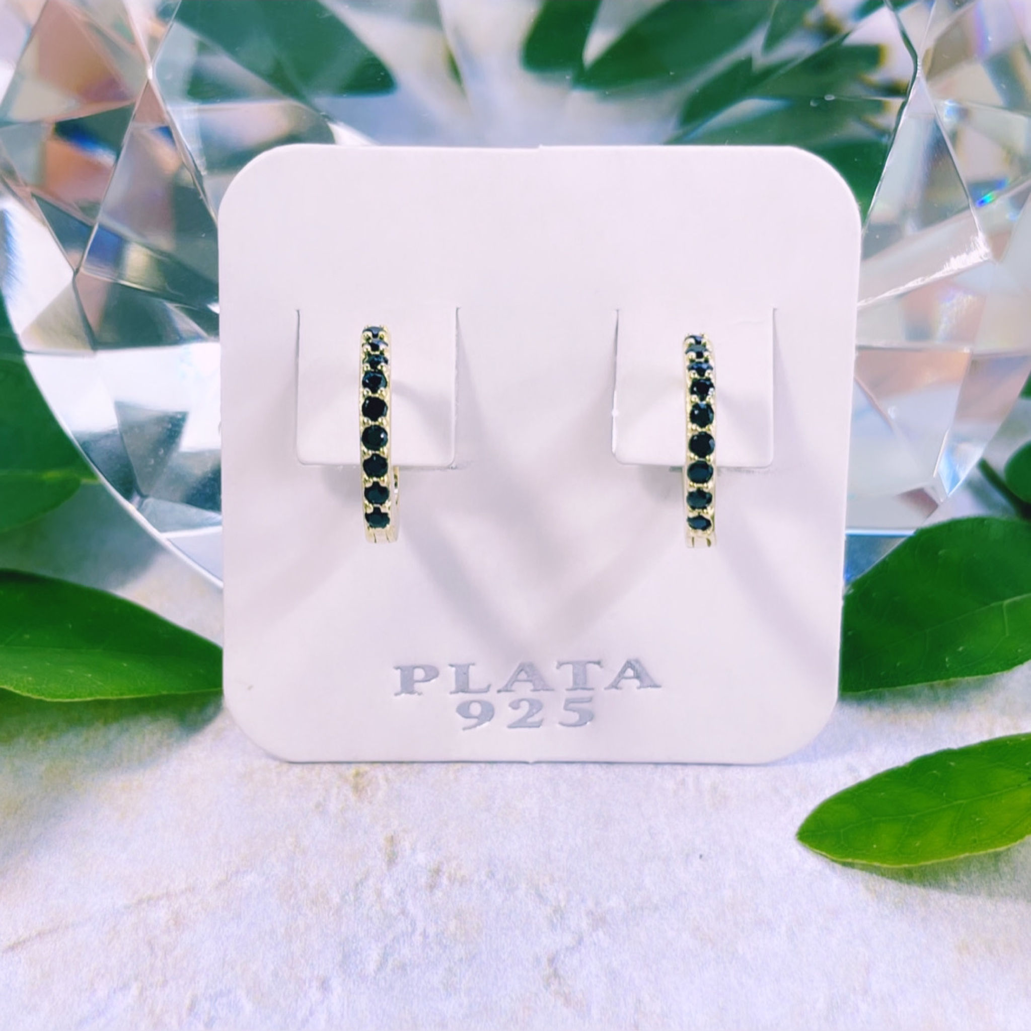 aros argollas cristales negros plata 925 baño oro dorado