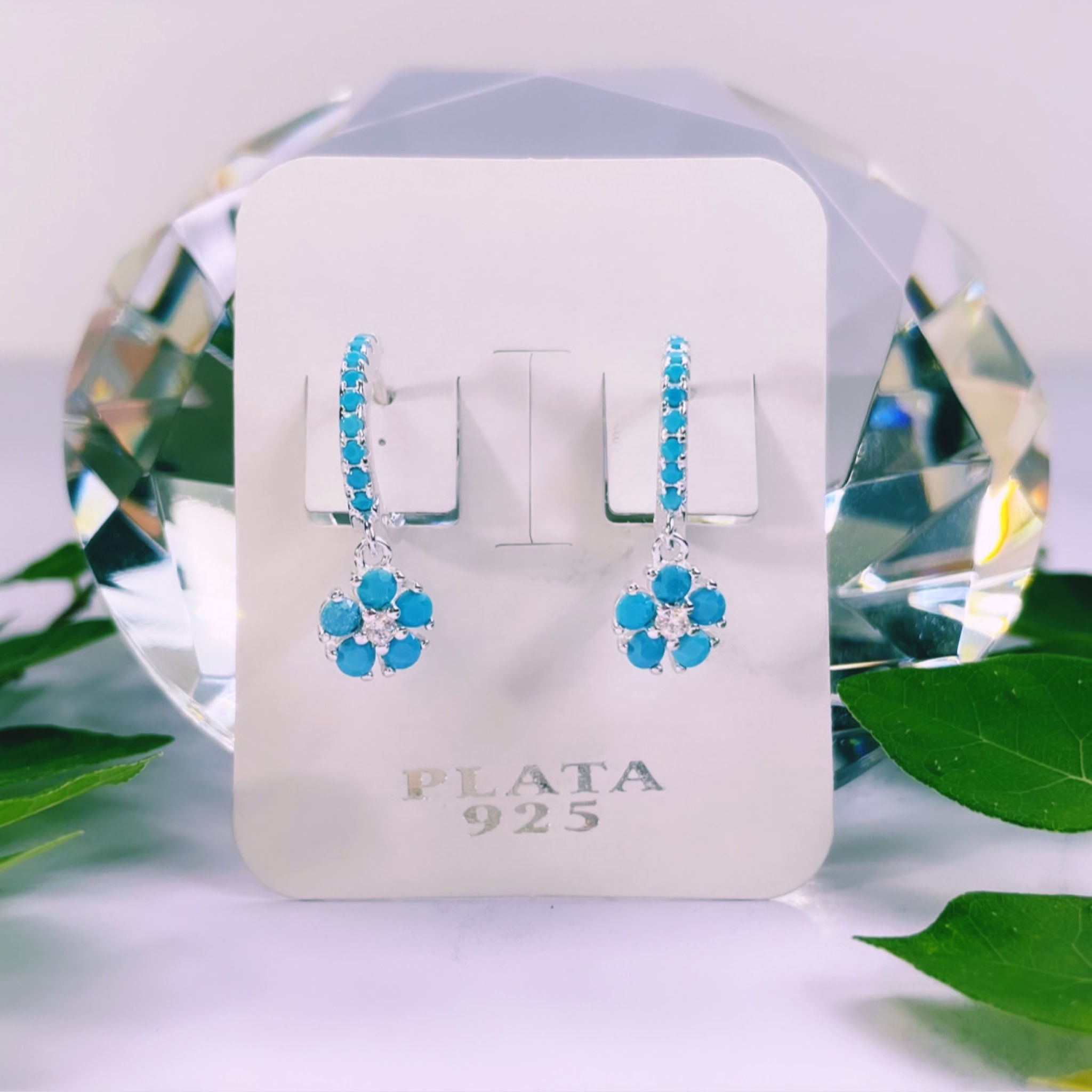 Aros argolla FLOR cristal aqua plata 925