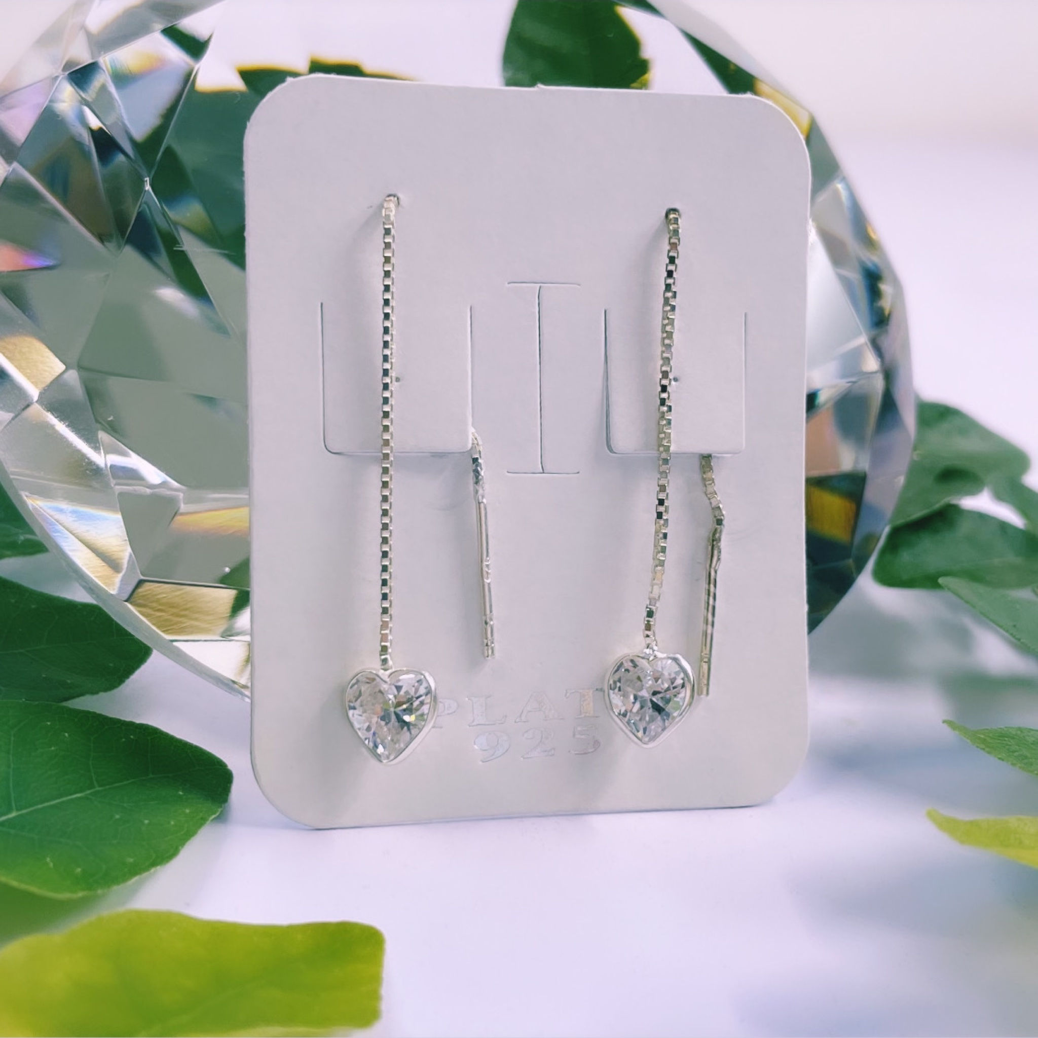 aros cadenita colgantes corazón cristal blanco Plata 925