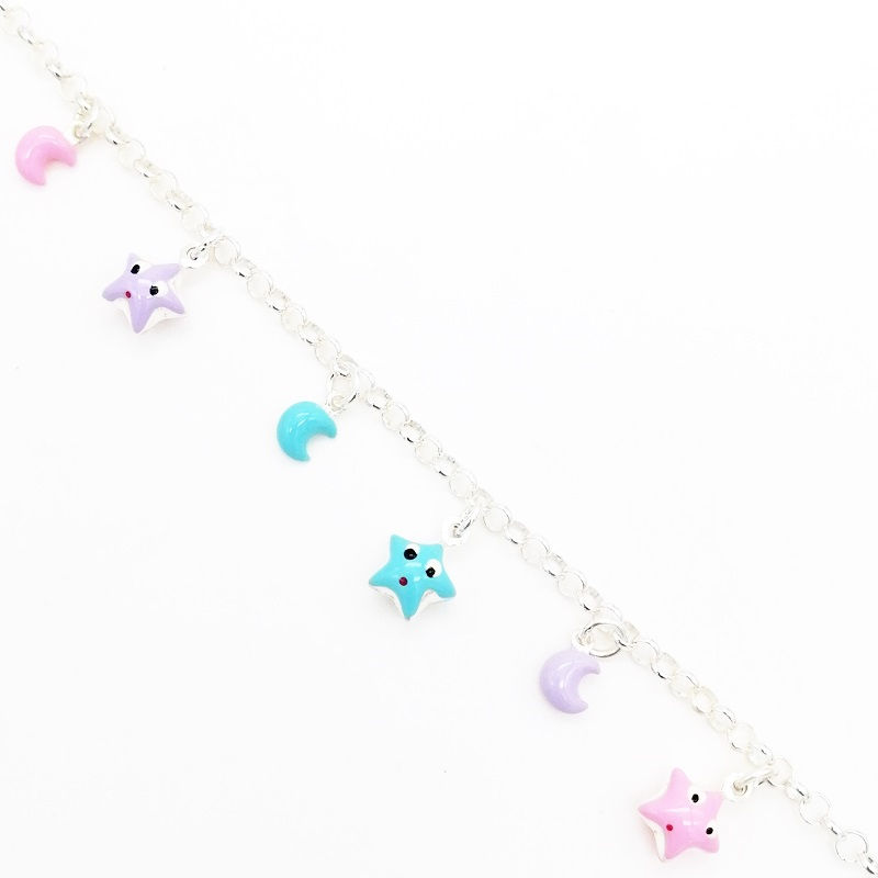 Miniatura: pulsera infantil de estrellas y lunas colores pasteles plata 925