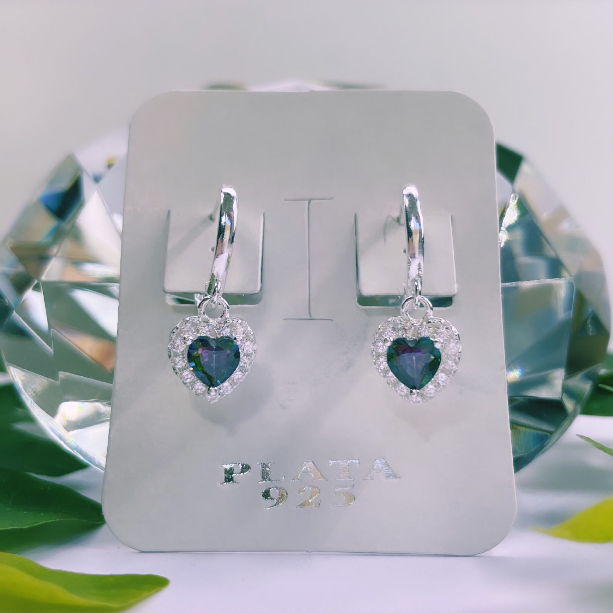 Aros argolla Corazón cristal verde esmeralda Plata 925 14mm