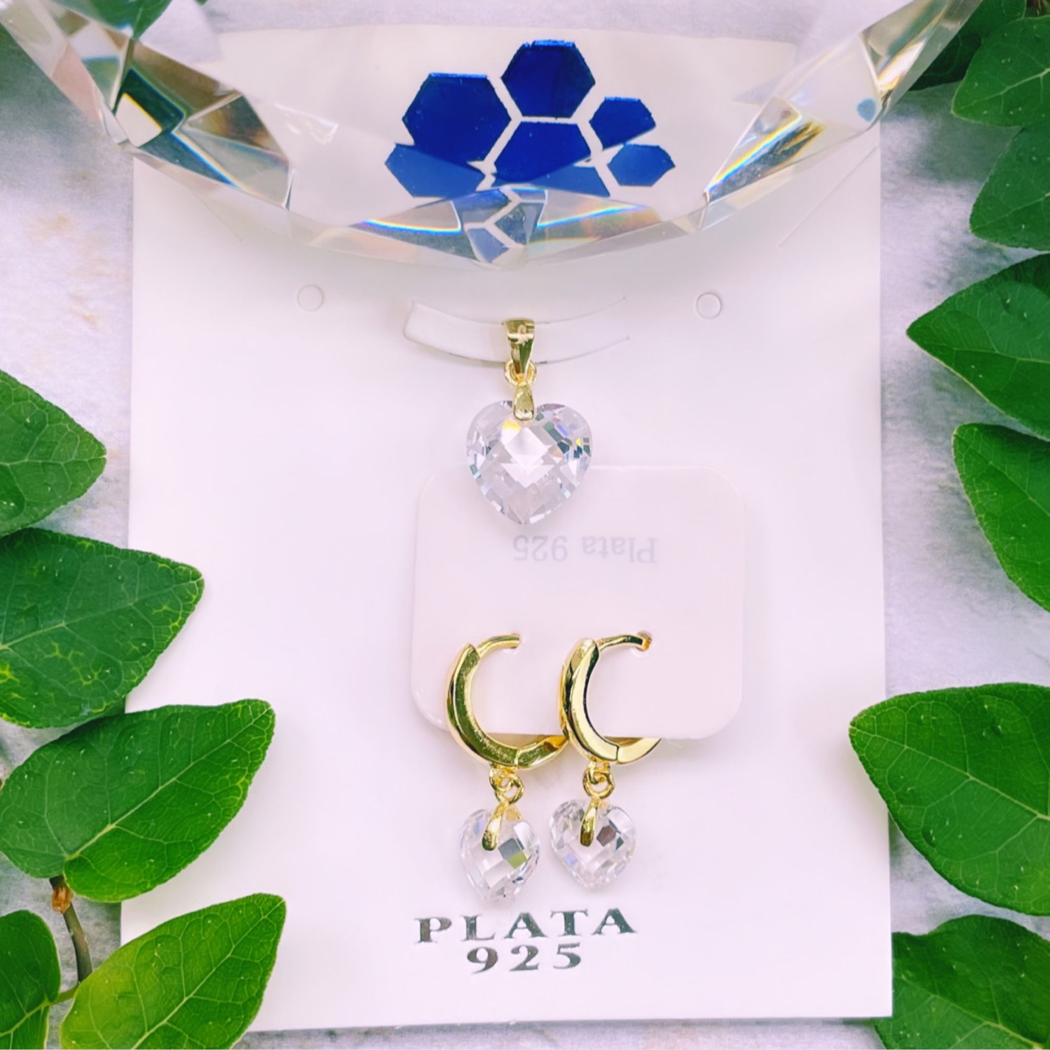 conjunto aros argolla dije corazón cristal blanco facetado plata 925 baño oro dorado