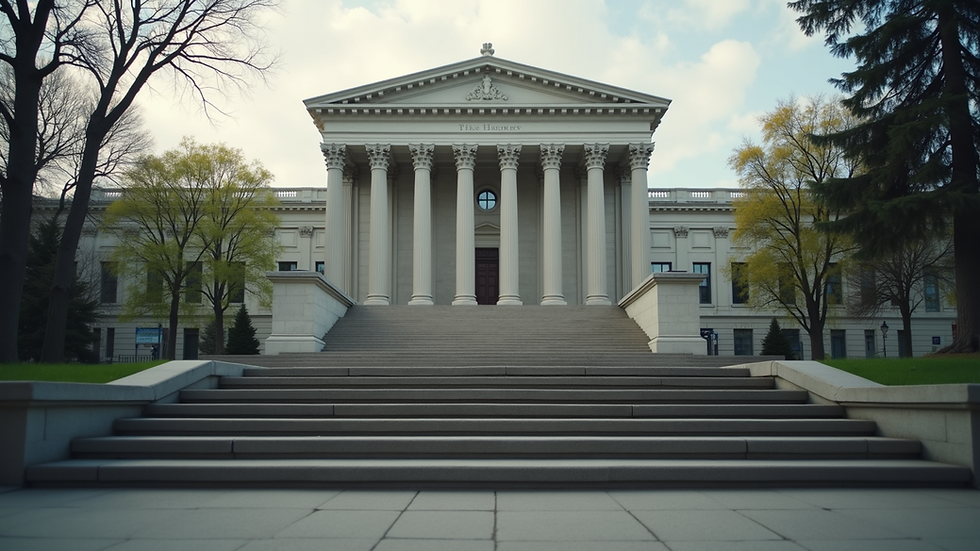 Eye-level view of courthouse steps leading to a large building