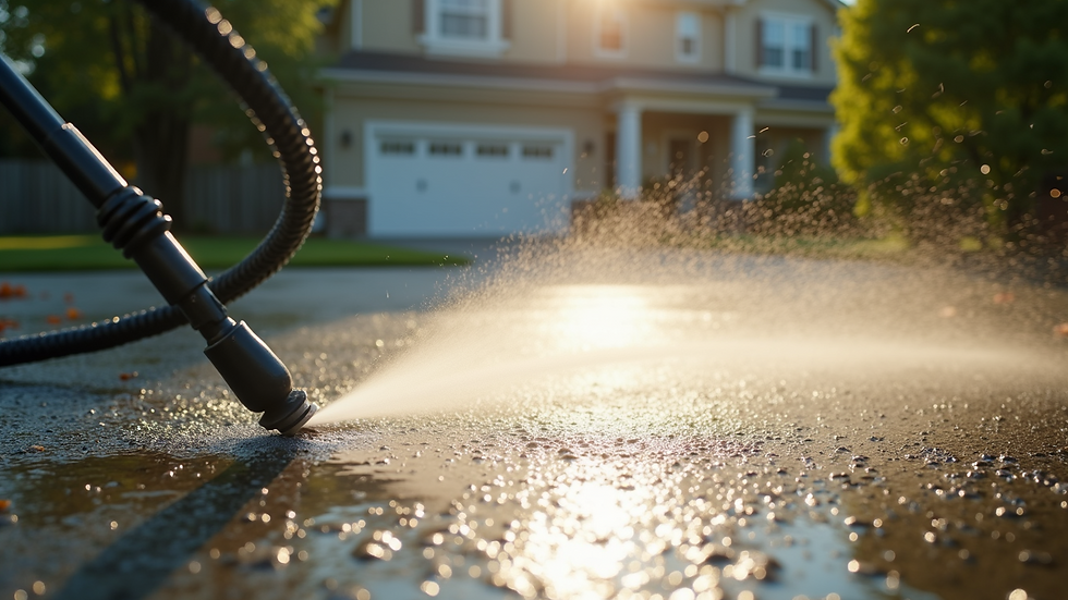 Close-up view of pressure washing equipment spraying water on a driveway