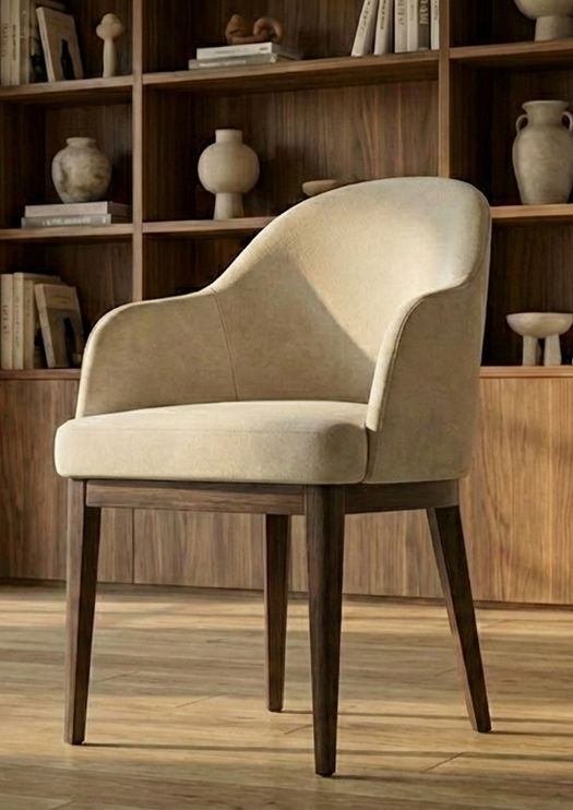 A luxurious half-armchair for the dining area with rich fabric upholstery and elegant wooden legs in the Quiet Luxury spirit.