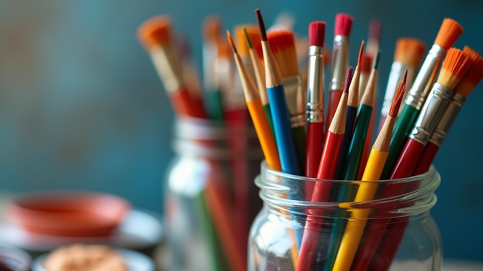 Close-up view of colorful paintbrushes in a jar