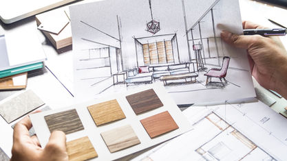 Maison Perrier, Décoration d'intérieur à Six-Fours-Les-Plages / Planche de croquis et échantillons pour décoration d'intérieur.