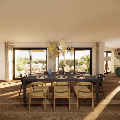 Maison Perrier, Décoration d'intérieur à Six-Fours-Les-Plages / Salle à manger avec chaises en bois et table en acier noir.
