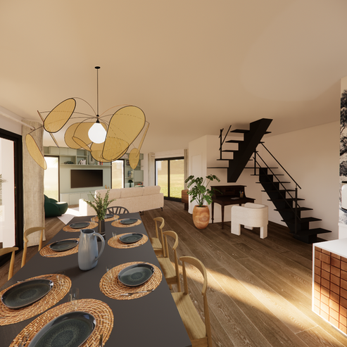 Maison Perrier, Décoration d'intérieur à Six-Fours-Les-Plages / Salle à manger ouverte sur l'entrée et un bureau sous l'escalier.