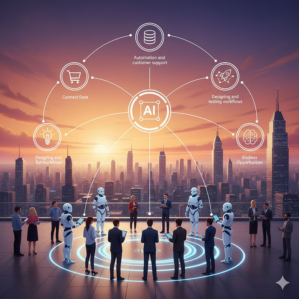 AI robots and people discuss using tablets on a rooftop at sunset. Graph with "AI" connects to tech concepts. City skyline in background.