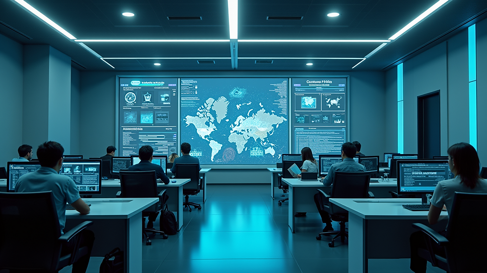 High angle view of a futuristic office with digital interfaces and AI technology