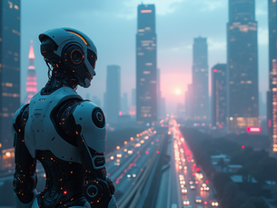 High angle view of a futuristic cityscape with AI technology integration