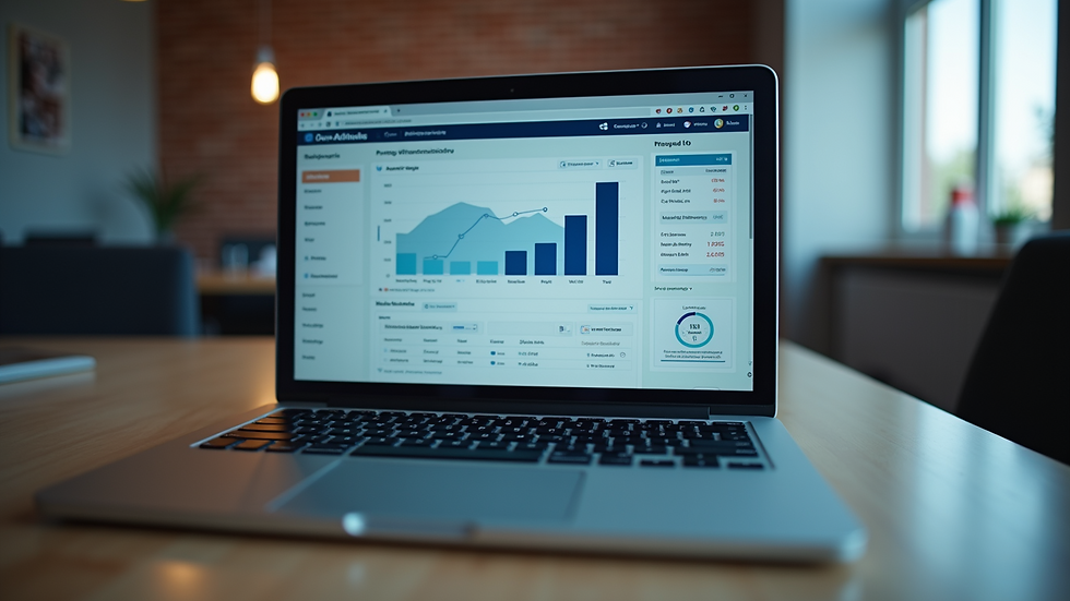 High angle view of a laptop screen displaying AI marketing software dashboard