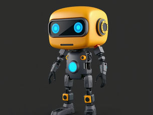 A cute orange and gray robot with glowing blue eyes and accents stands on a dark background. Its expression appears friendly and curious.