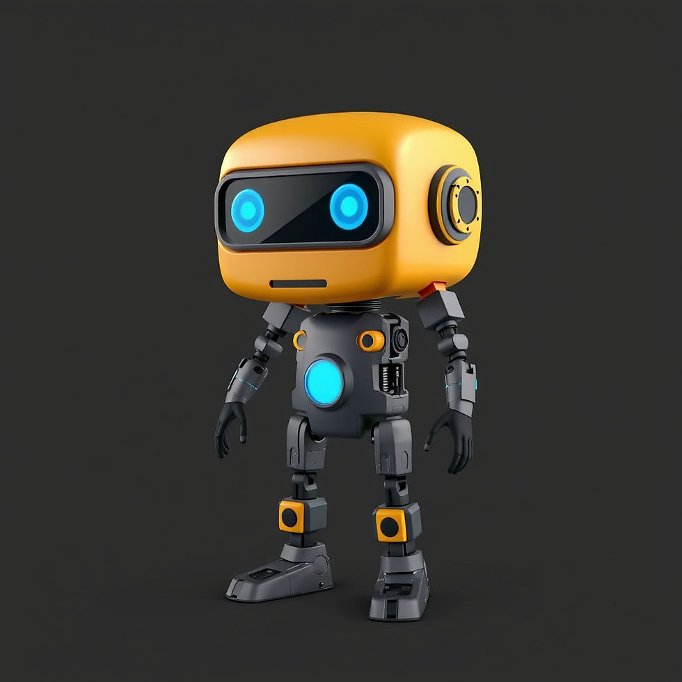 A cute orange and gray robot with glowing blue eyes and accents stands on a dark background. Its expression appears friendly and curious.