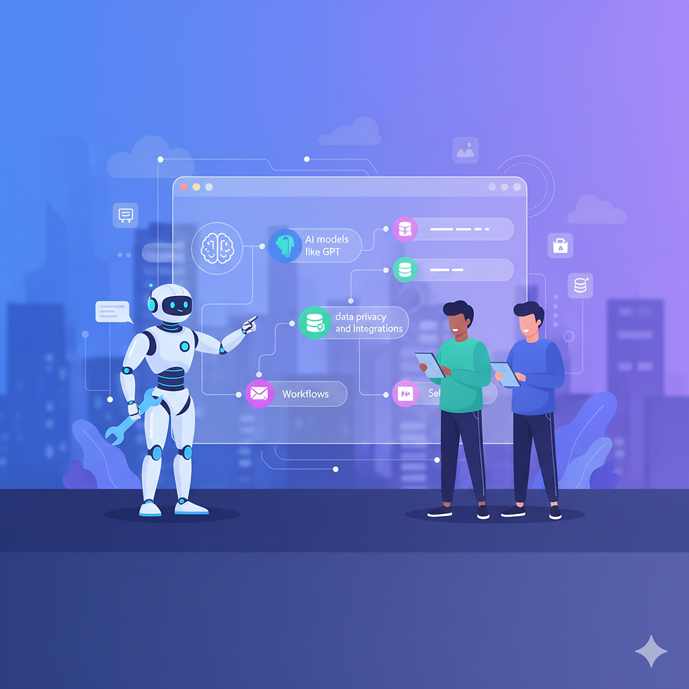 Robot and two men interact with AI interface showing text like "AI models" and "data privacy" in a digital cityscape, purple hues.