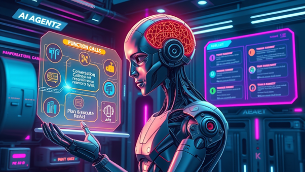AI agent evaluates function calls in a futuristic control room, transitioning from prototype to production.