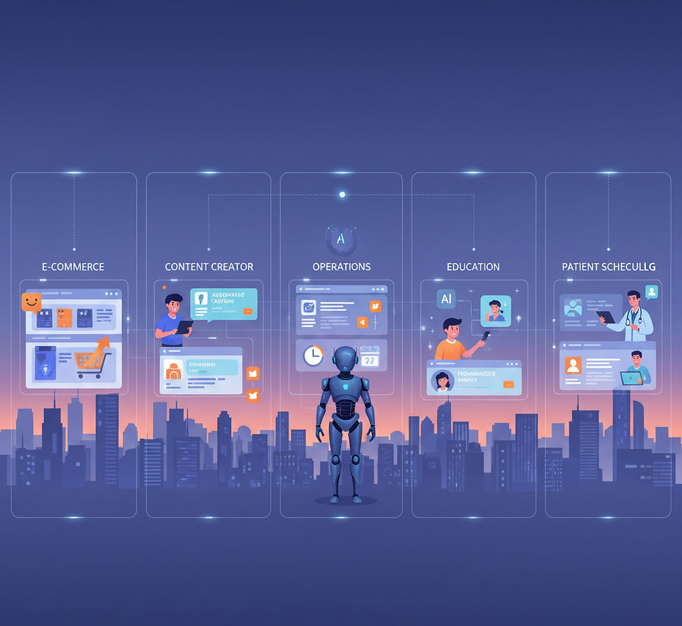 A robot stands before digital panels labeled E-commerce, Content Creator, Operations, Education, Patient Scheduling, set against a cityscape.