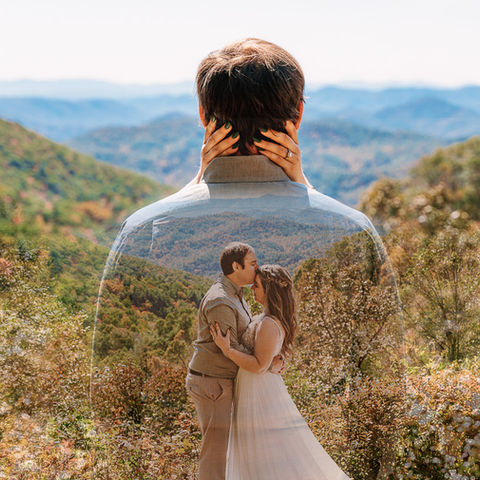 Double exposed image with wedding couple.