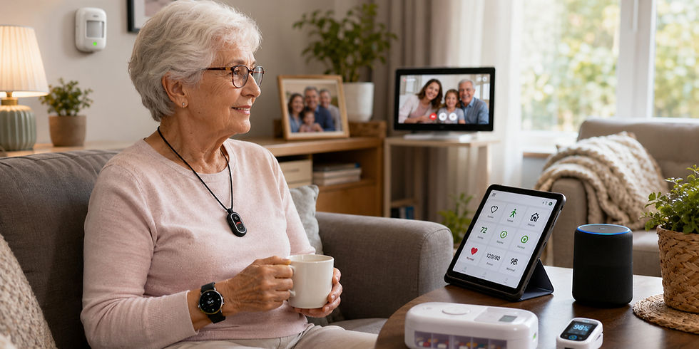 An elderly woman sitting on a couch surrounded by important smart home devices