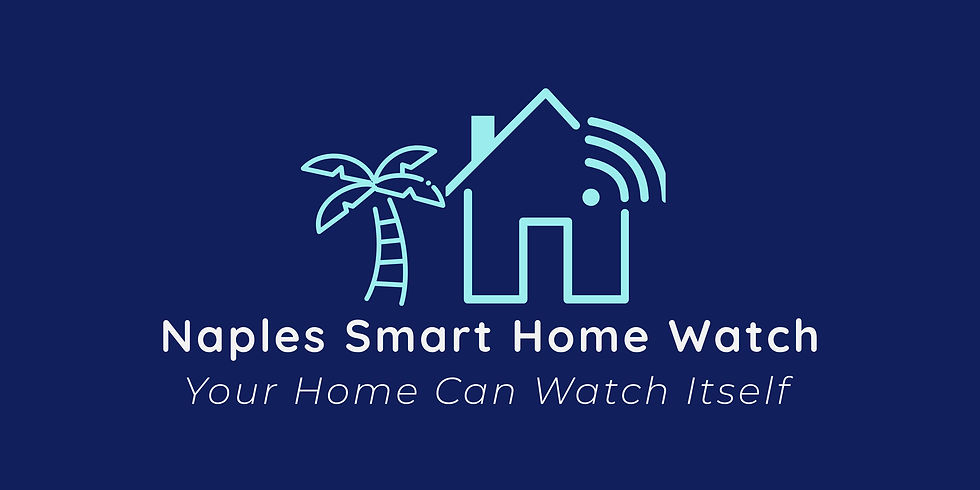 Naples Smart Home Watch logo of an outline of a palm tree next to a house with the words underneath that read "Your Home Can Watch Itself"