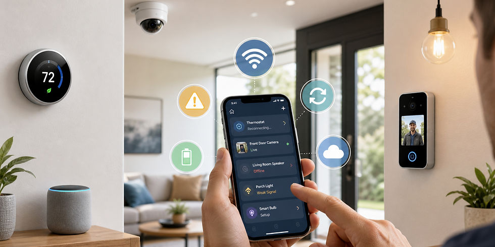 An individual holding a smartphone that shows several smart home device with issues