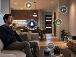 A man giving voice commands to smart home devices from his living room