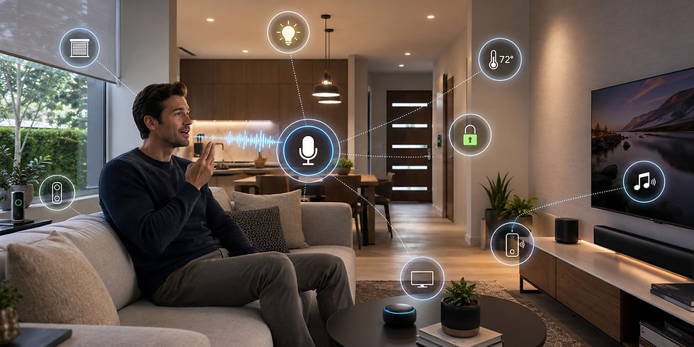 A man giving voice commands to smart home devices from his living room