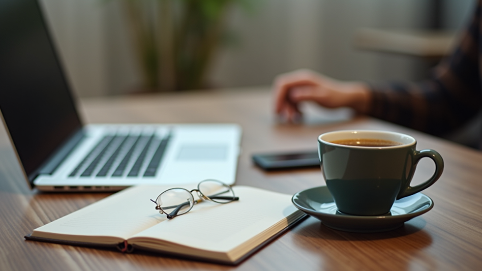 Eye-level view of a laptop on a wooden desk with a notebook and a cup of coffee