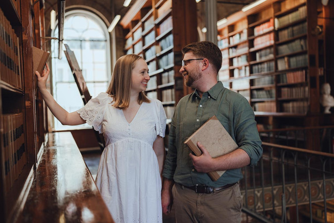 Natural couple photography in Copenhagen library
