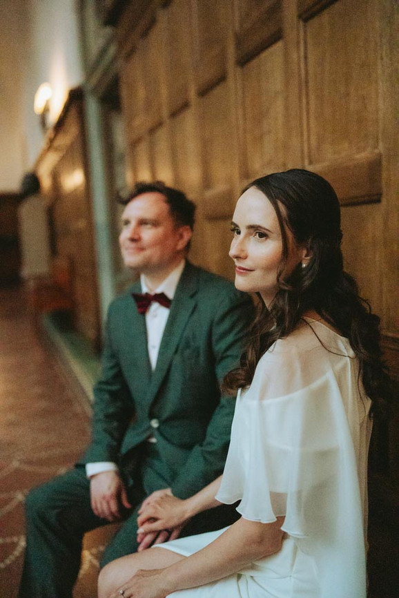 Romantic couple portraits at Copenhagen City Hall after wedding ceremony