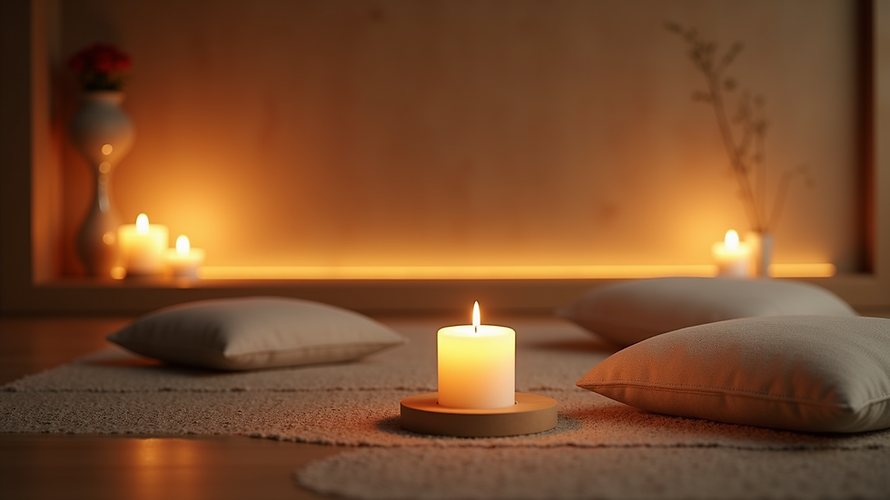 Close-up view of a peaceful meditation space with candles and cushions