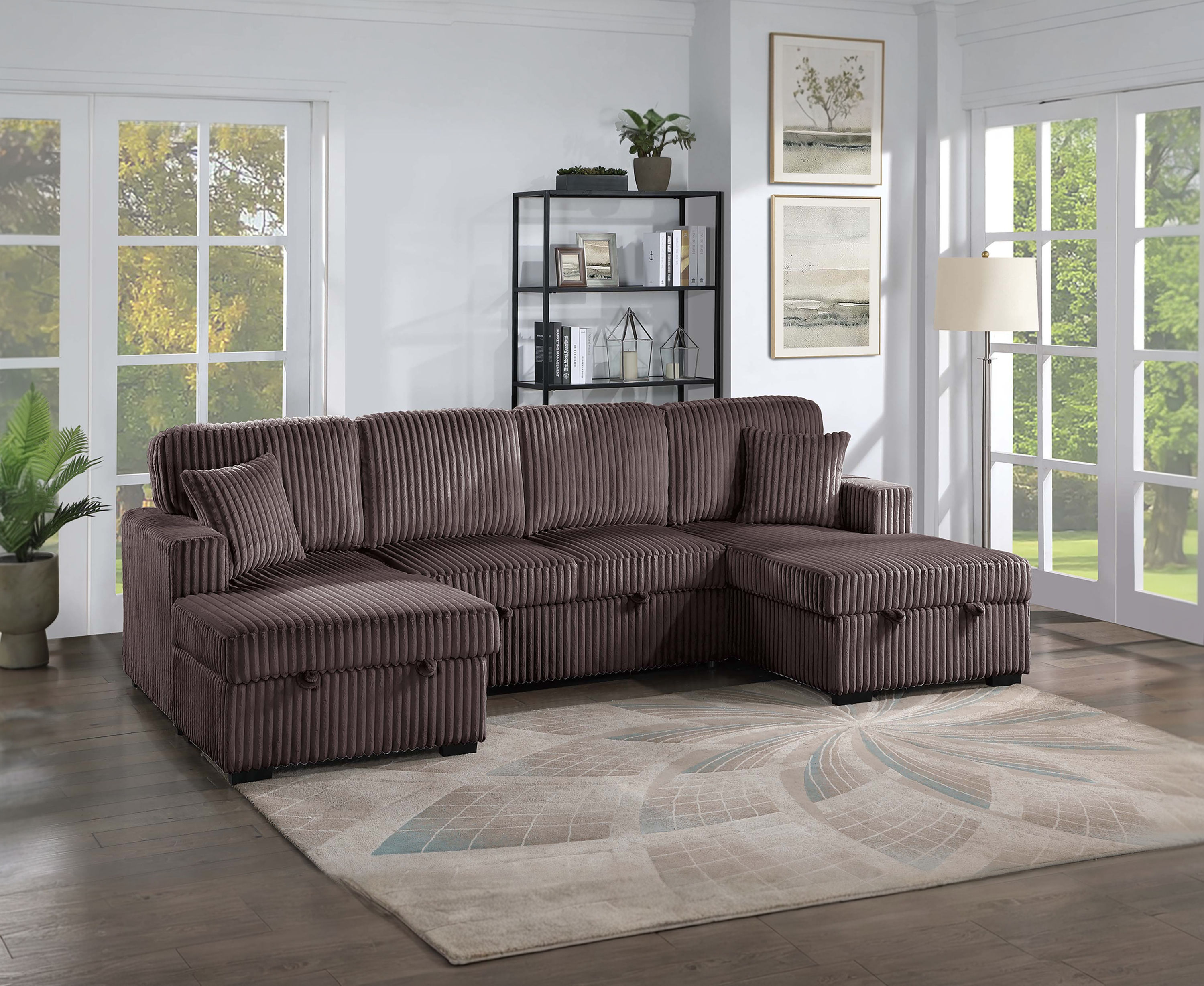 3pc Convertible Sectional Sleeper Sofa & 2 Chaise Storage — Chocolate