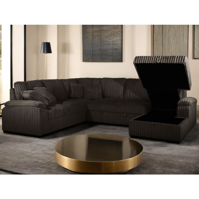 Thumbnail: Chocolate Fabric U-Shaped Pull Out Sectional Sofa w/ Storage Chaise + Pillow