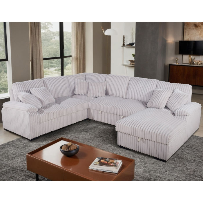 Thumbnail: Beige Fabric U-Shaped Pull Out Sectional Sofa w| Storage Chaise + Pillows