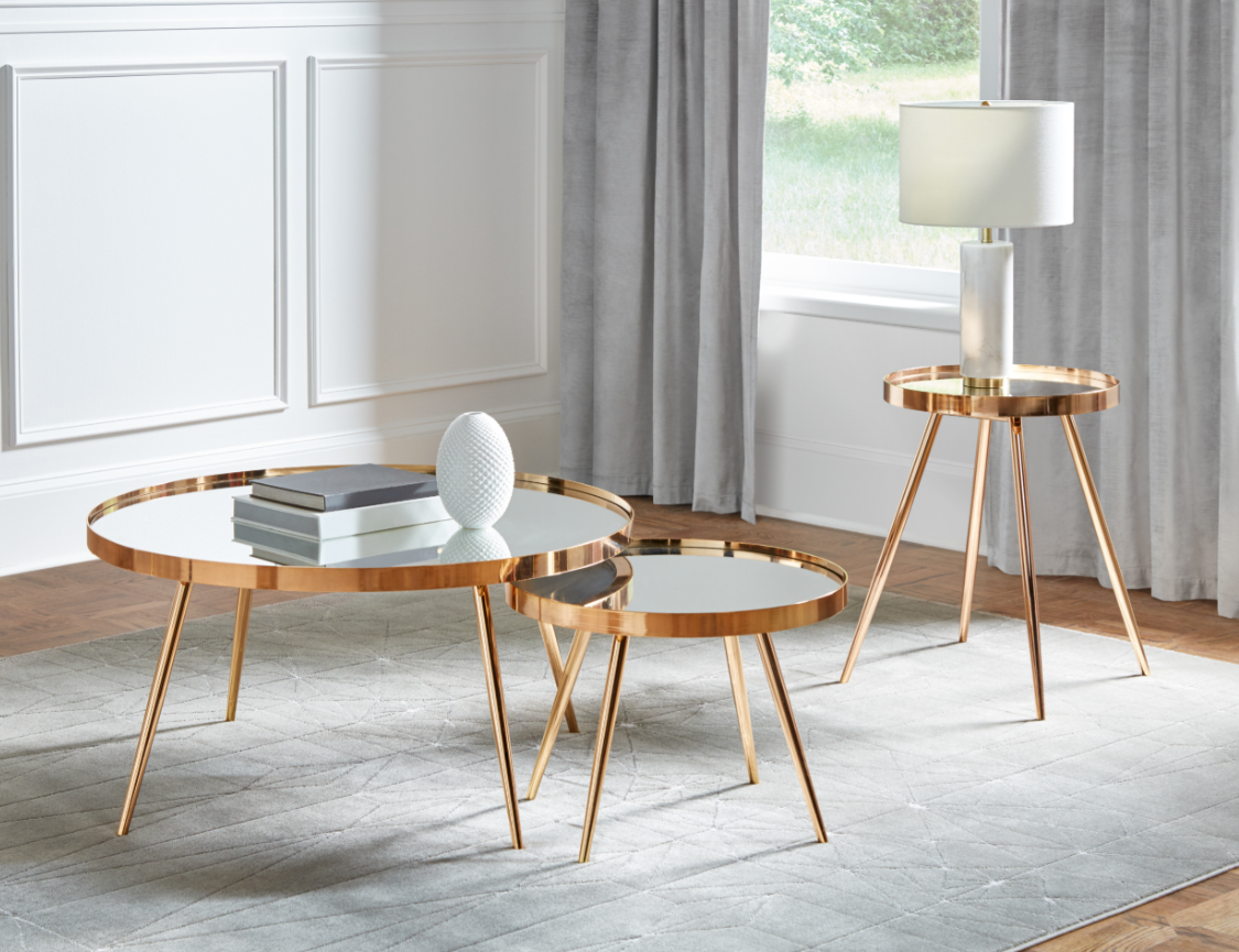 2-piece Round Mirror Top Nesting Coffee Table Gold