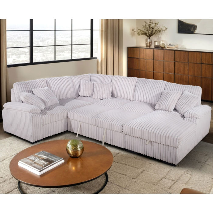 Thumbnail: Beige Fabric U-Shaped Pull Out Sectional Sofa w| Storage Chaise + Pillows