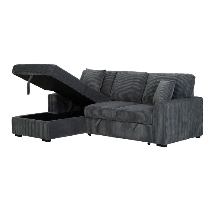 Thumbnail: Dark Grey Fabric Pull-Out Sectional Sofa & Storage