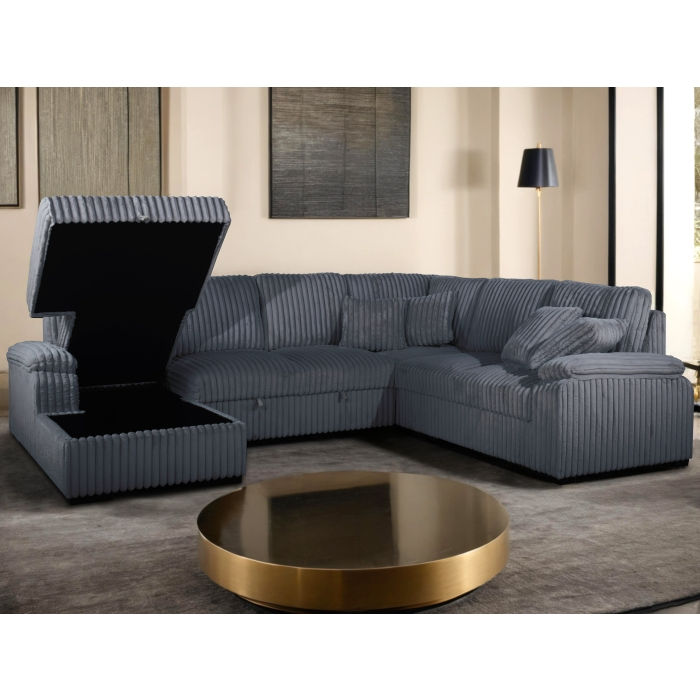 Thumbnail: Dark Gray Fabric U-Shaped Pull Out Sectional Sofa w/ Storage Chaise + Pillow