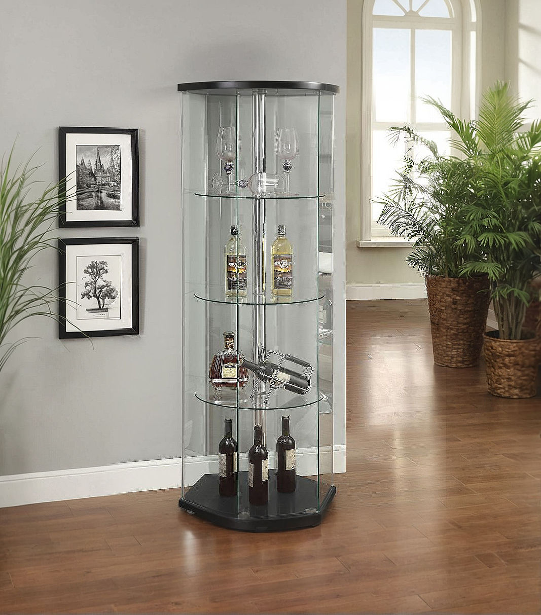 Zahavah 4-shelf Hexagonal Clear Glass Curio Cabinet Black