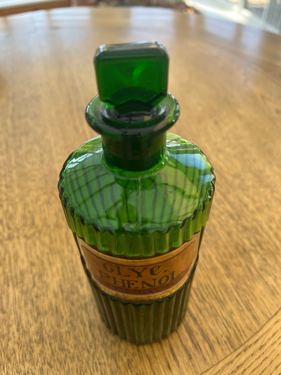 Thumbnail: Antique Green Ribbed Apothecary Poison Bottle.  GLYC.PHENOL.