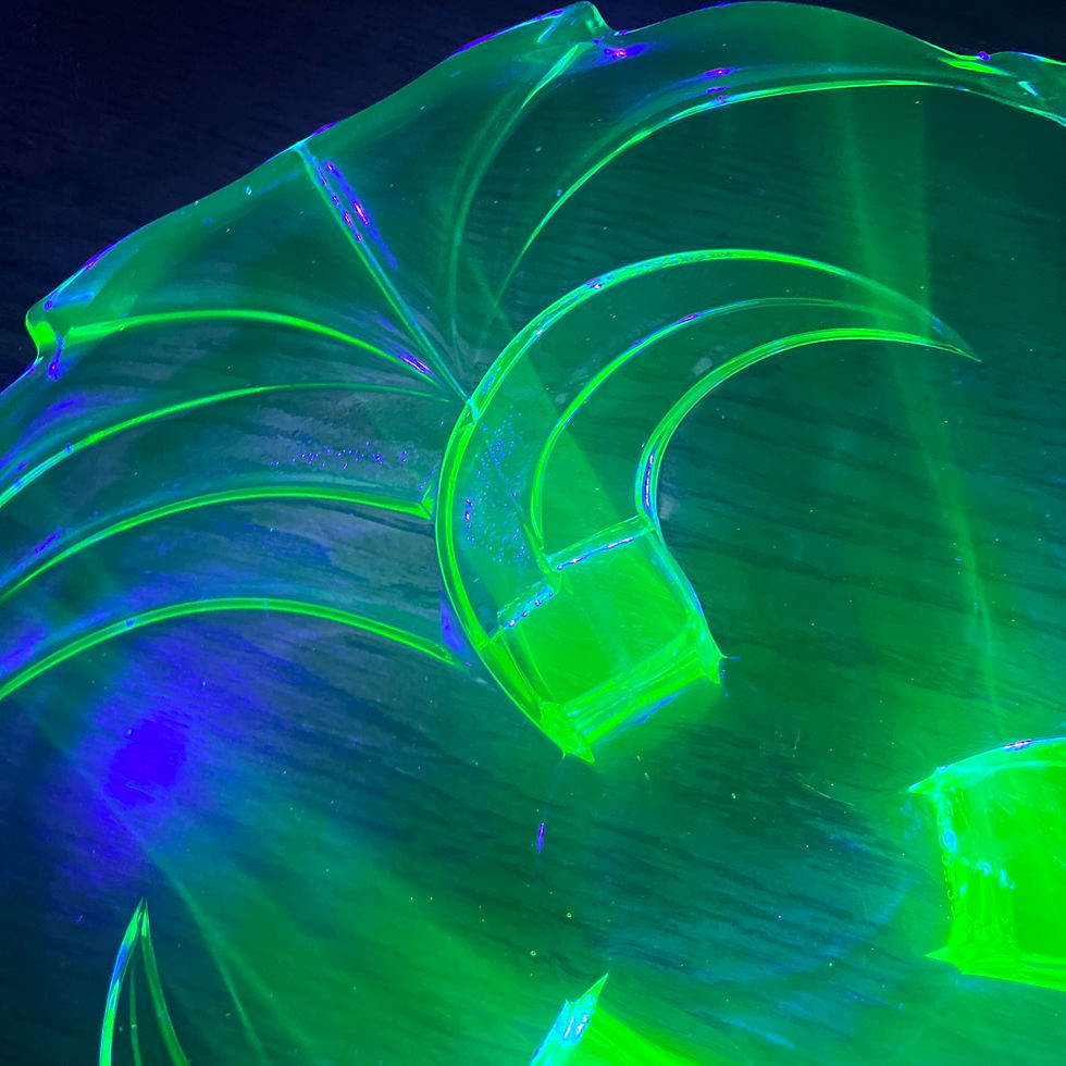 Thumbnail: Large Art Deco Green Uranium Glass, Footed Three Crescents Design Serving Plate